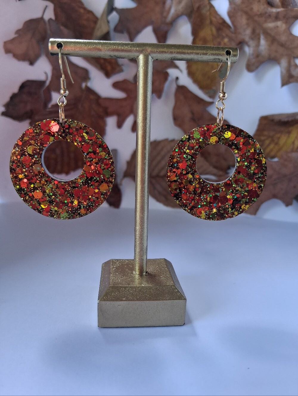 ✨ Autumn’s Fallen Spark- Hand Crafted Red Glitter Donut Hoop Earrings